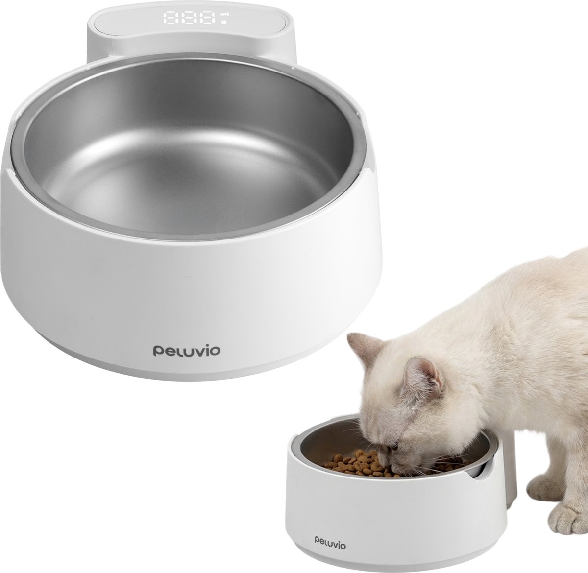 Peluvio Scalo – Kattenvoerbak met Digitale Weegschaal – Nauwkeurigheid 1 g – RVS Voerbak met Tare Functie – Voor Droog-, Natvoer en Water – Meting in Gram & ML – LFGB Gecertificeerd – 700 g Capaciteit – Batterijvoeding