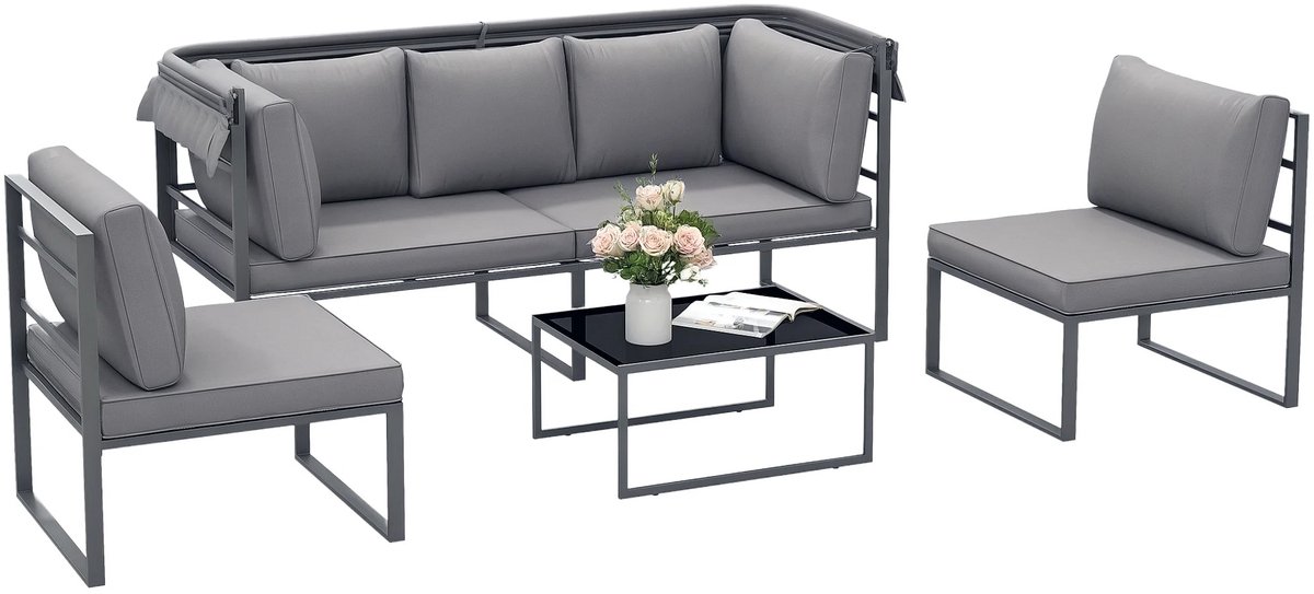 Modulaire Loungeset Tuinset 4 Delig - Tuinbank met Luifel - 3 Zits Bank - 2 Stoelen - Salontafel met Gehard Glas - Inclusief Dikke Kussens - Verstelbare Poten - Weerbestendig Terrasmeubilair voor Tuin Balkon en Veranda