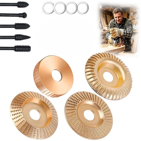 Set gouden schuur- en freesaccessoires met raspen, ringen en een houten werkstuk.