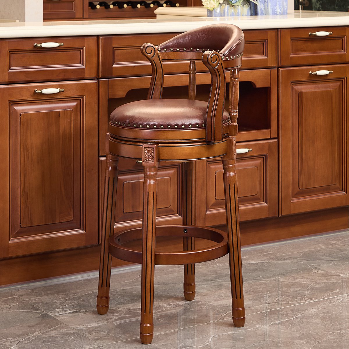 REDOM Barkruk - 360° Draaibare Zitting - Modern - Keuken en Bar - Hout en Echt Leer - Bruin