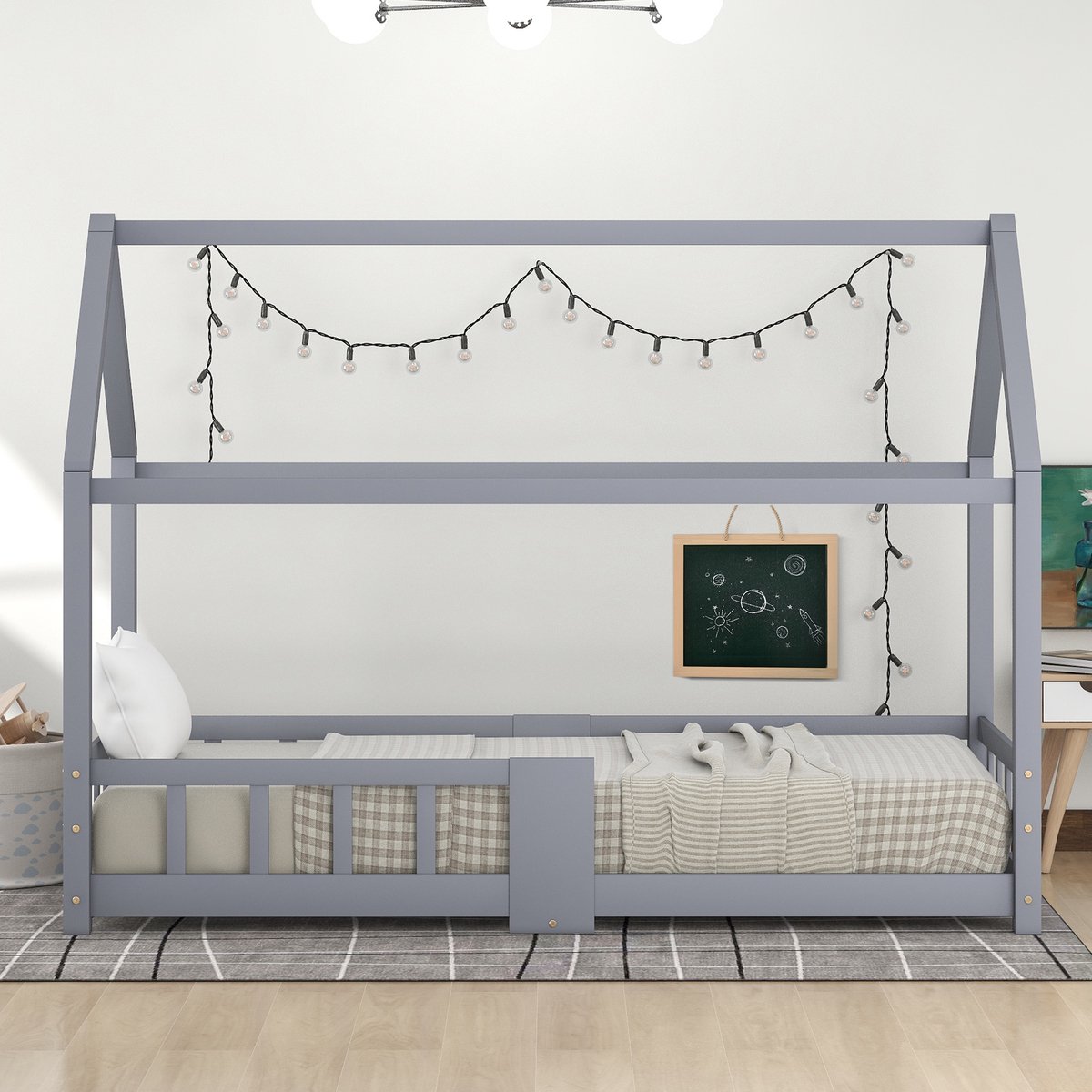Grijs massief grenen kinderhuisbed voor slaapkamer 207×97×140.5CM