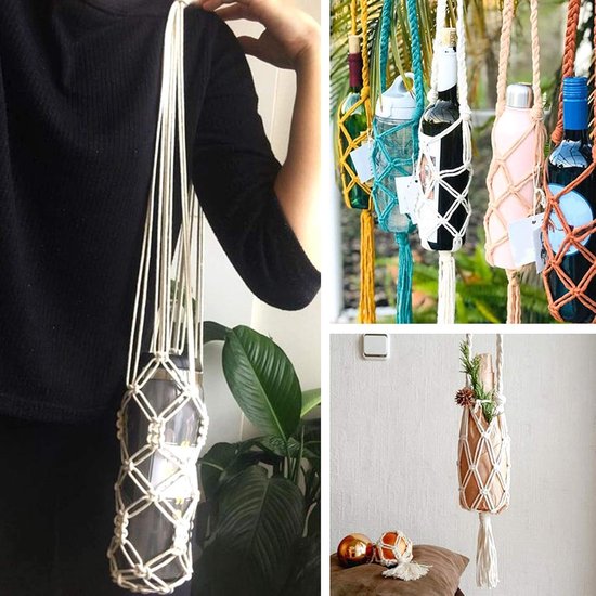 hangend wijnflesje - Boheemse stijl handgebreid katoenen touw flessenopslag hangende tas wijn Tote decoratie (Beige-65cm) — afbeelding 2