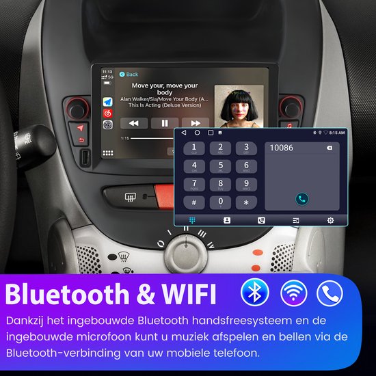 Autoradio met Bluetooth en WIFI, speelt "Move your body" van Alan Walker.
