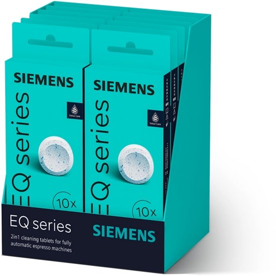 Displaydoos met 10 pakken Siemens EQ series 2-in-1 reinigingstabletten voor volautomatische espressomachines.
