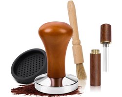 Dailygoods- Koffietamper 58 mm - Roestvrij Staal - Inclusief Tamperpad - Reinigingsborstel - Geschikt voor Baristas - Elegante Houten Look - Koffiestamper
