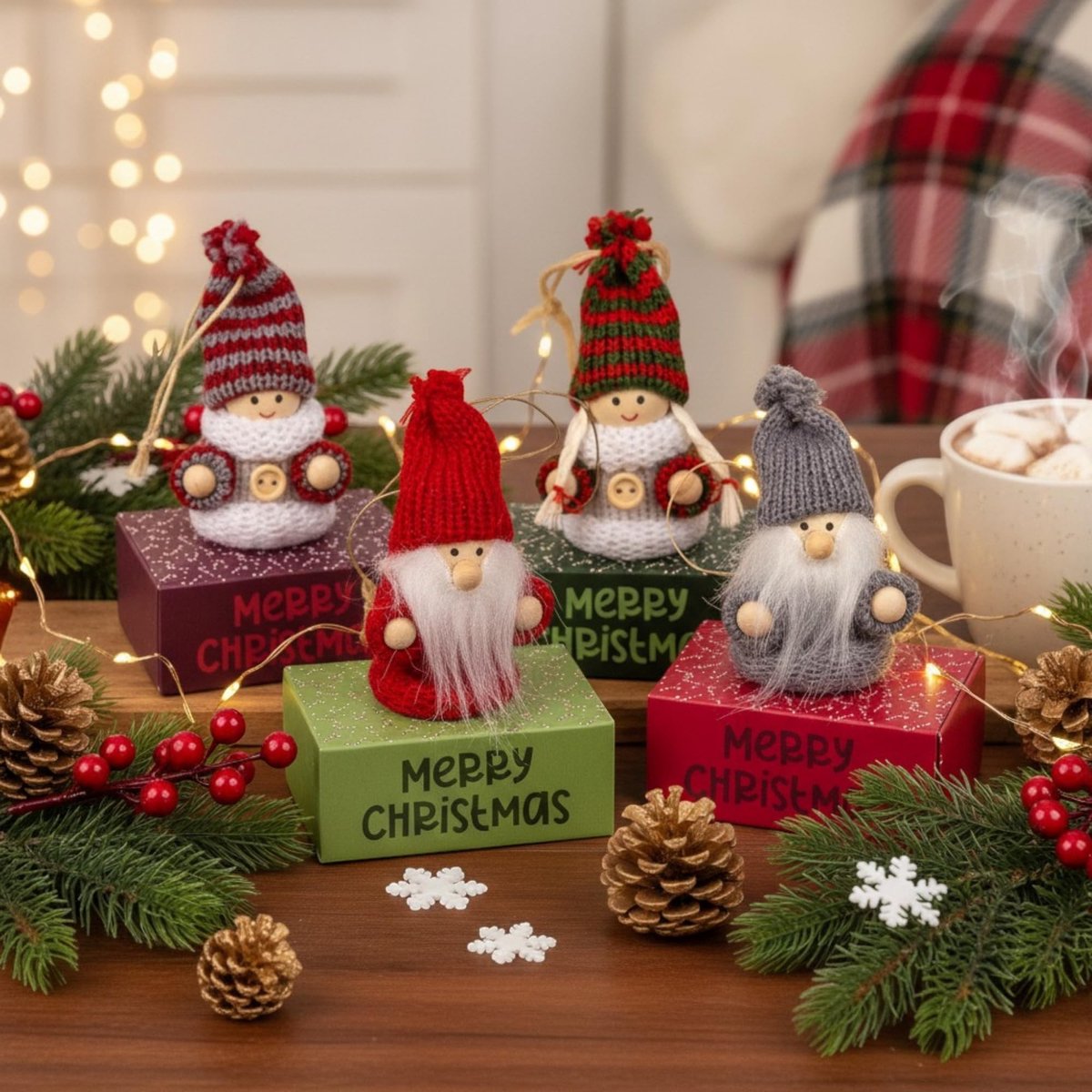 Dailygoods- Geschenkdoosjes Set van 4 - Mini-geschenkdozen - Karton/Hout - Uittrekbare Doos - Kabouters - 6x4x2,5 cm - Perfect voor Geldgeschenken - Cadeaudozen