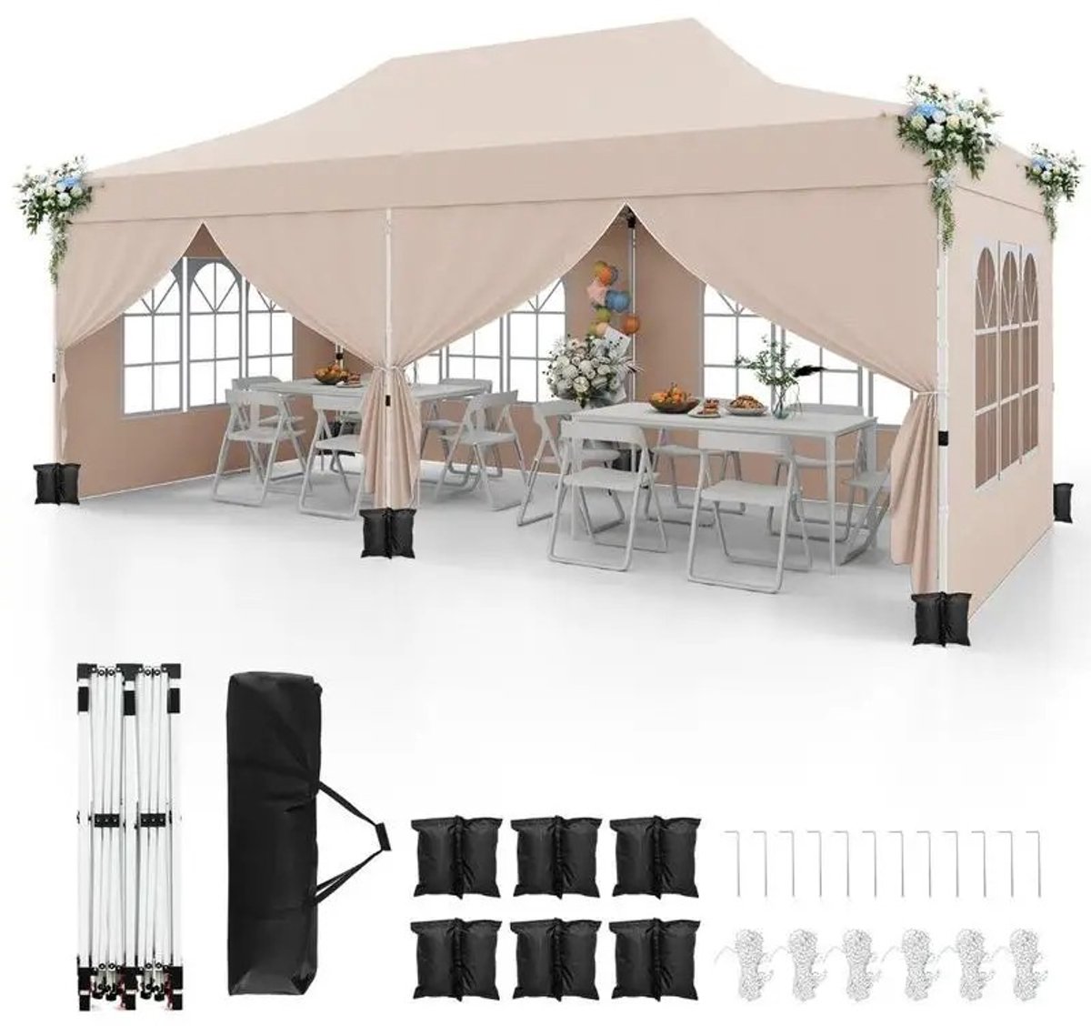 Dailygoods Pop-up partytent met 6 zijwanden en ritsdeuren, draagbare instant party- en picknicktent 3 x 6m beige