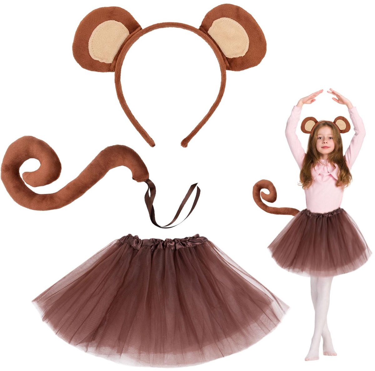 Dailygoods- Apenkostuum Halloween - Dierenkostuum - Apenoren - Lange Staart - Tutu - Eenheidsmaat voor Kinderen en Volwassenen