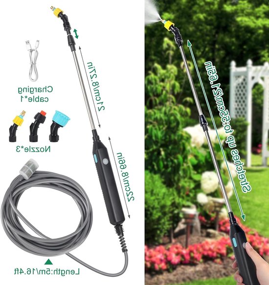 Dailygoods - Elektrische plantensproeier, accu-drukspuit met 3 verstelbare sproeiers en 5 m slang, oplaadbare en draagbare sproeistaaf, elektrische drukspuit, voor tuin, binnenplaats, gazon, onkruid (3,7 V) van Dailygoods — afbeelding 5