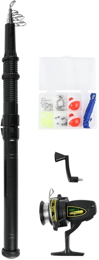 Canne à pêche télescopique noire avec moulinet et accessoires dans une boîte: hameçons, flotteurs, plombs et leurre.