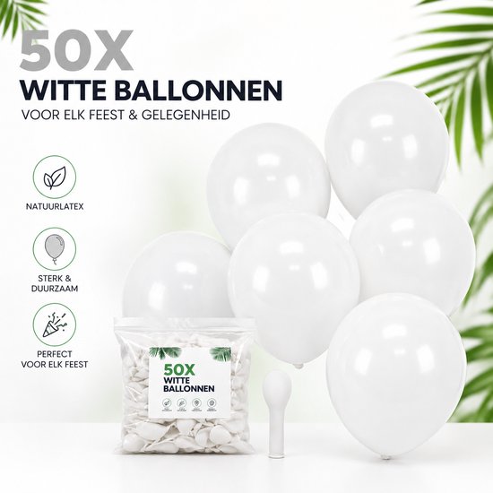 50 witte ballonnen, van natuurlijke latex, sterk en duurzaam. Perfect voor elk feest. Inclusief opblaasstokje en zakje met 50 ballonnen.