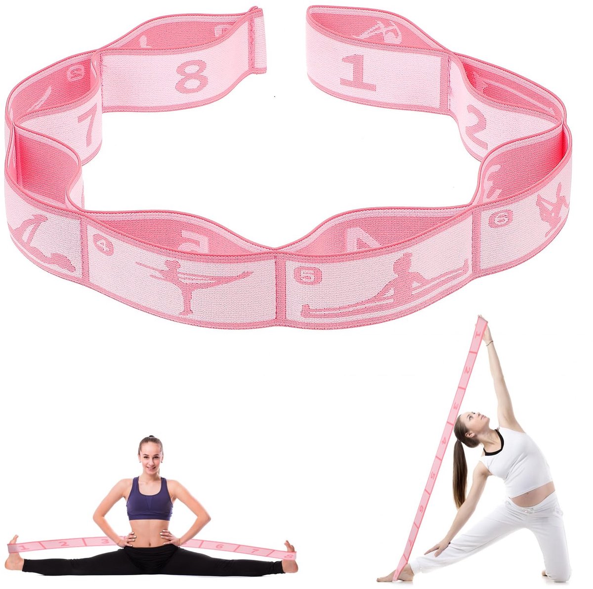 JHUBERS- Yogaband met 8 lussen - Elastische Gymnastiekband - Fitnessband - Stretchband - Duurzaam - Hoogwaardig Polyester/Latex