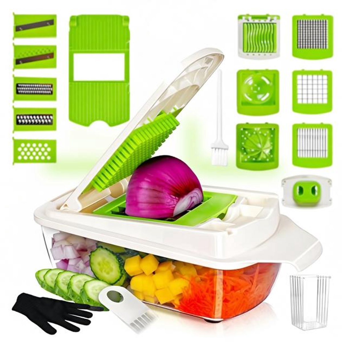 ElleMooi 19-in-1 multifunctionele mandoline, groenteschaaf en blokjessnijder - keukenmachine met houder, groen/wit, kunststof en roestvrij staal