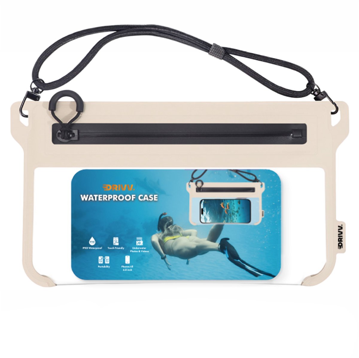 Drivv. Luxe Waterdicht Telefoonhoesje - Heuptas - Rits sluiting – Onderwater Hoesje Telefoon - Beige