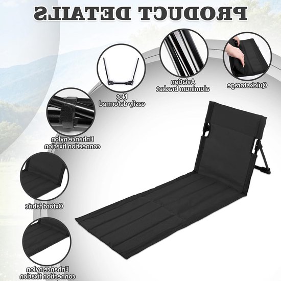 Vouwbare Strandmat met Rugleuning, Lichtgewicht Strandstoel met Uitgebreide Zitting voor Camping, Picknick en Tuingebruik, Zwart — afbeelding 4