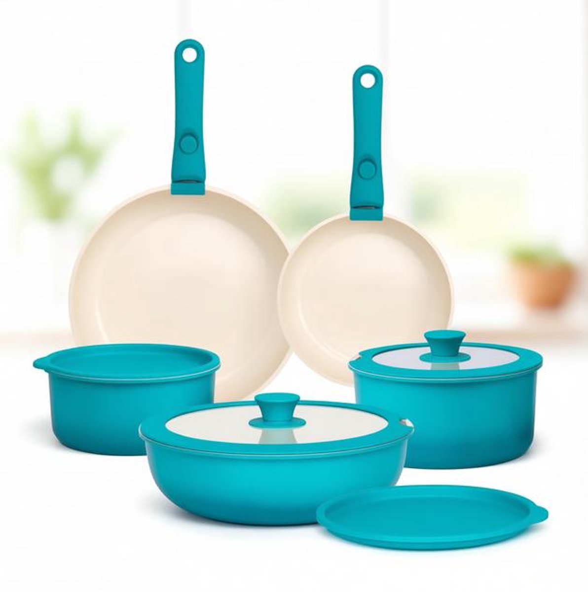 ElleMooi 11-delige pannenset met afneembare handgreep, antiaanbaklaag, stapelbare kookpannenset, geschikt voor alle warmtebronnen, ovenvast, blauw verloop