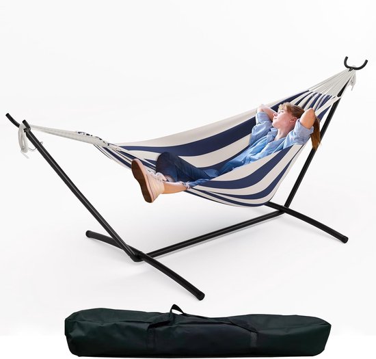 Hangmat met Standaard - 2-Persoons Hangmat - Belastbaar tot 200 kg - Familie Hangmat met Metalen Frame en Draagtas - Voor Tuin, Balkon, Terras en Camping - 279 x 100 x 107 cm
