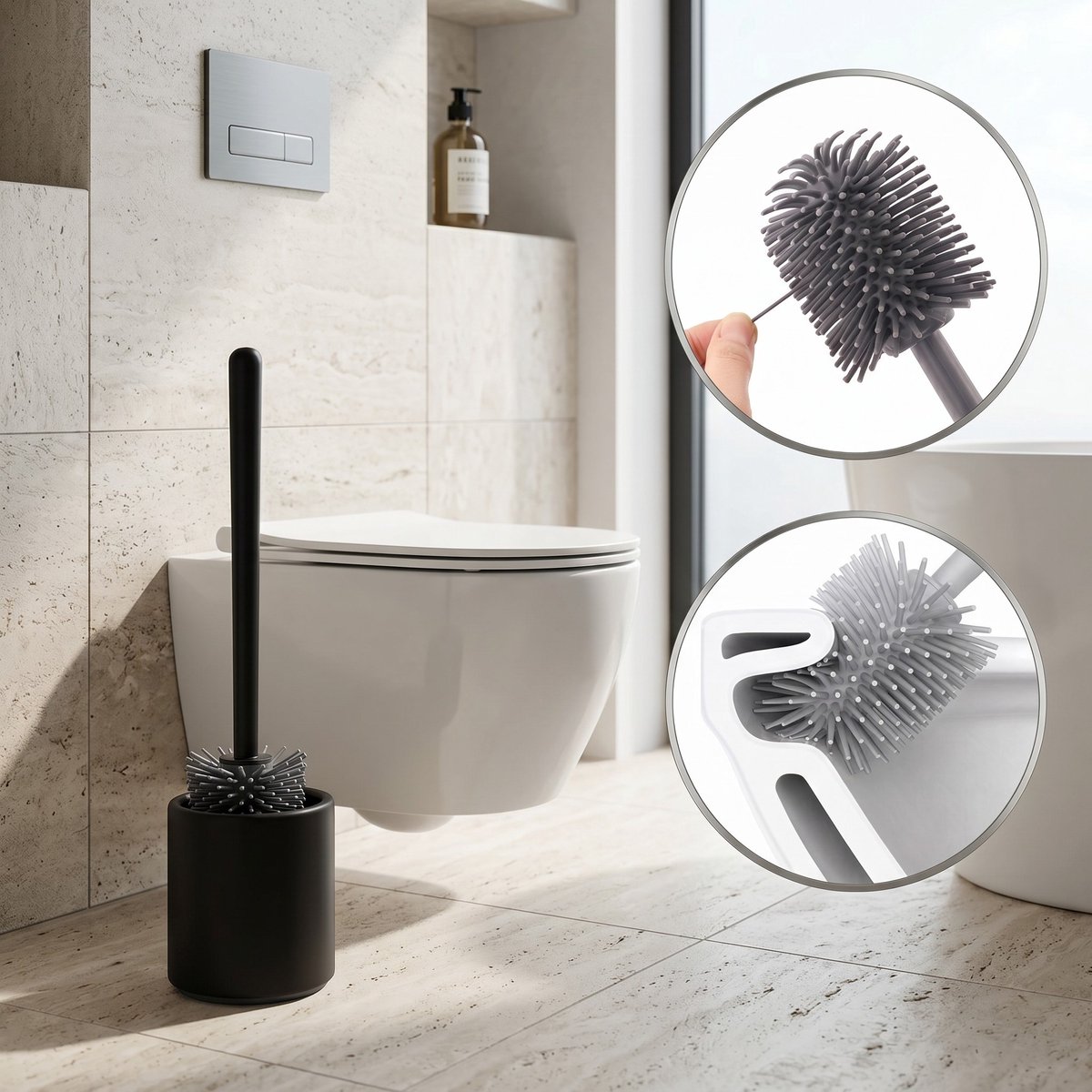 Siliconen Toiletborstel met Houder, Flexibele WC Borstel, Hygiënisch & Krasvrij, Zwart