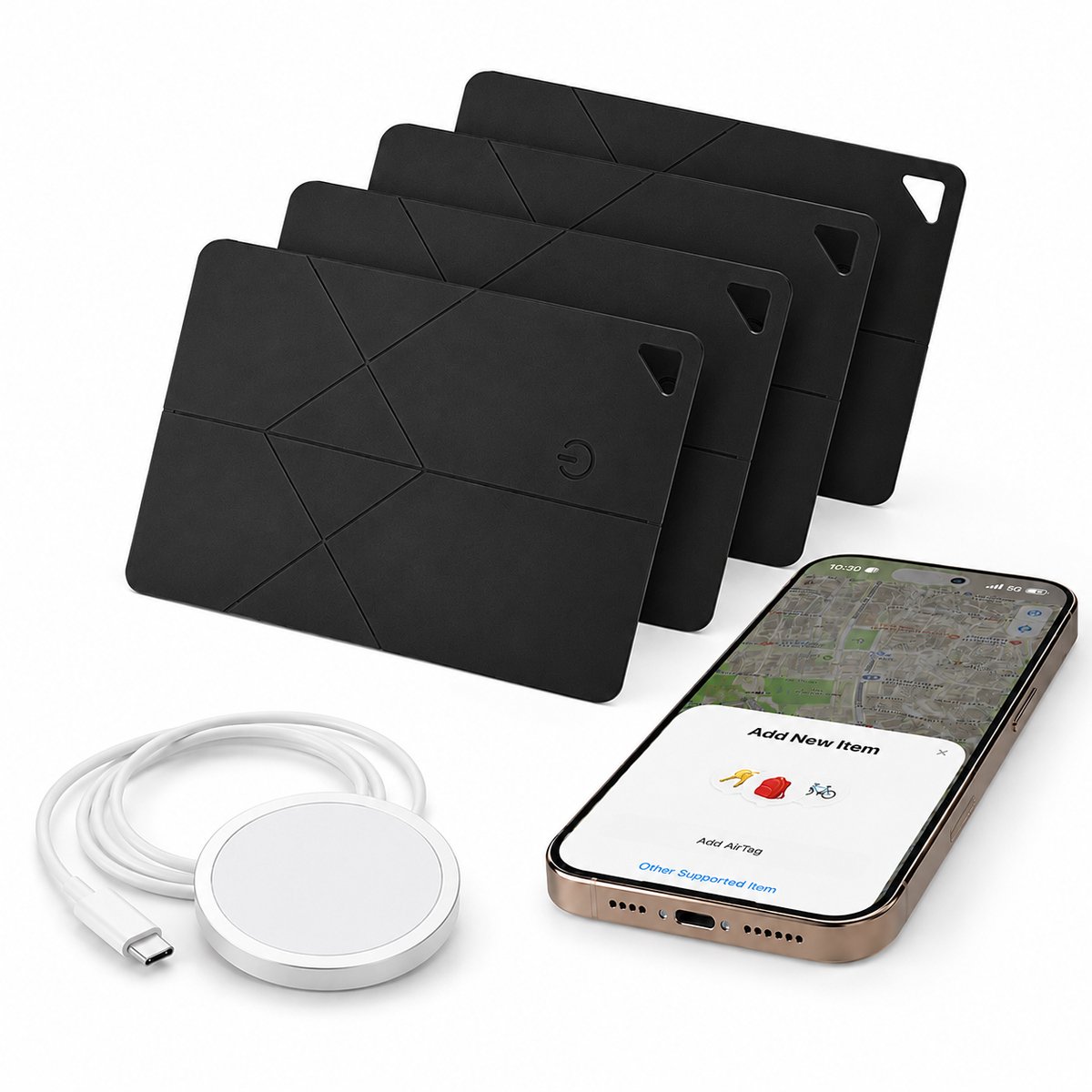 Vyzio – Ultradunne Smart Tracker Card – 4 stuks – Tracker voor Portemonnee & Bagage – Geschikt voor Apple Find My & Android Find Hub – Draadloos Oplaadbaar – Zwart – FINDMEPRO