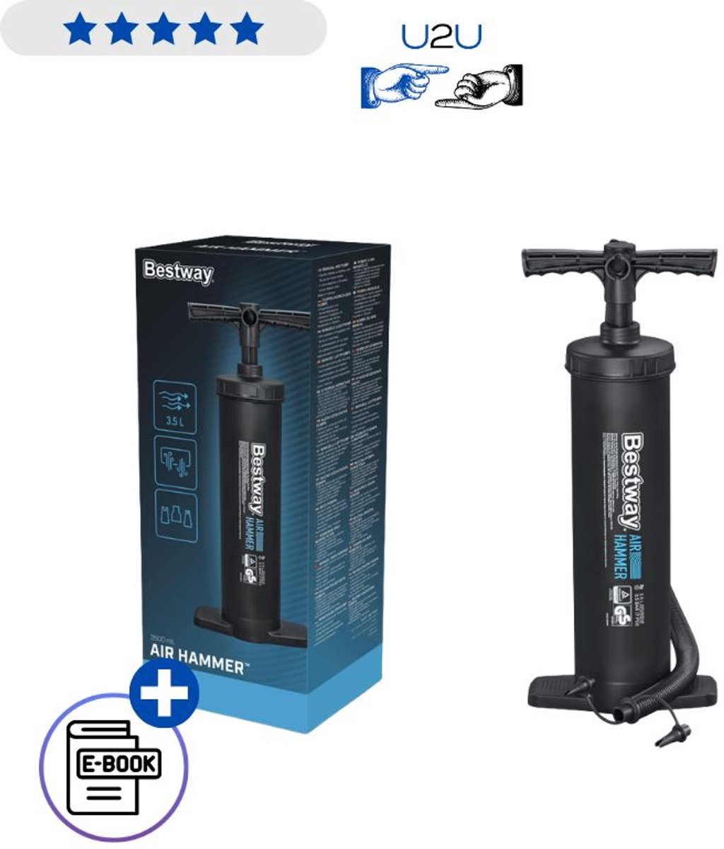Bestway Dubbelwerkende Handpomp 62030 48 cm - Piston Pump Voor Luchtbed Zwemband Strandbal Opblaasbaar Speelgoed Met 3 Opzetstukken Snelle Luchtpomp Met Ebook