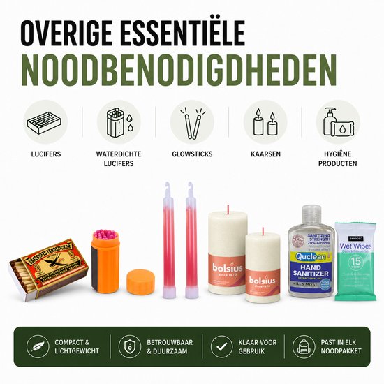 Lucifers, waterdichte lucifers, glowsticks, kaarsen en hygiëneproducten.