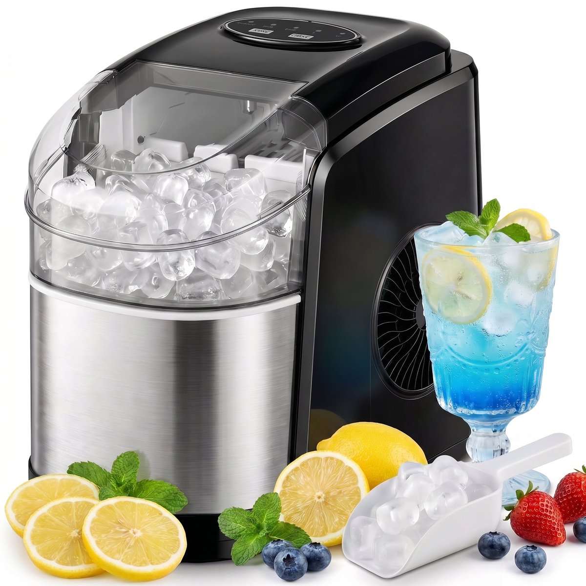 Ijsblokjesmachine met zelfreinigingsfunctie - 9 IJsblokjes in 6-12 Minuten, 1.7L Capaciteit, 12kg/24u - Compact Design - RVS - Zwart