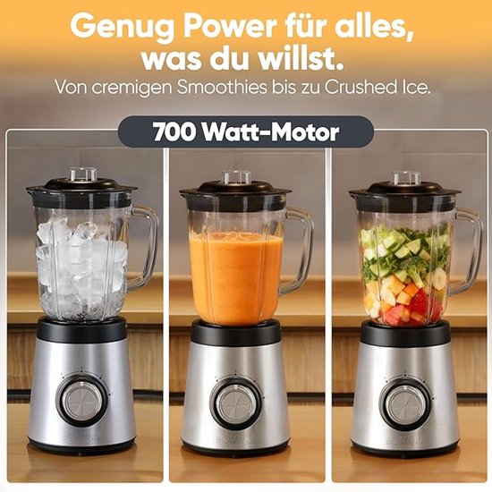 Staande Mixer - Blender 700W - Smoothiemaker 1,5L - BPA-vrij - Massief Glazen Kan - 4-voudig RVS Mes - Ice Crush Functie - 3 Snelheden - Turbofunctie - Deksel met Vulopening - UM 6084 CB — afbeelding 5