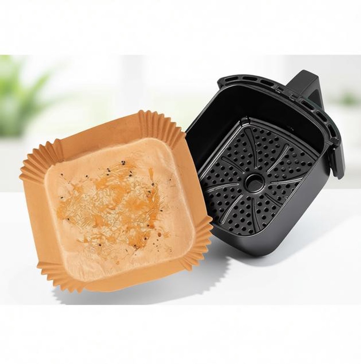 ElleMooi Airfryer Bakpapier 200 stuks - Vierkant 23x23 cm - Verdikt, Hittebestendig tot 230°C - Oliebestendig & BPA-vrij - Geschikt voor 8-12 L Heteluchtfriteuse