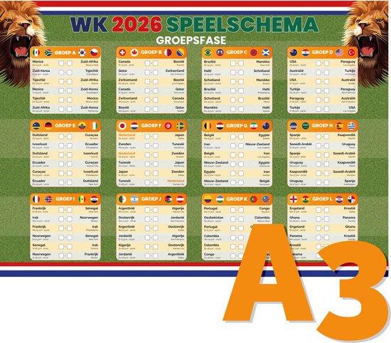 WK 2026 SPEELSCHEMA A3 Formaat Groepsfase Knock outfase Invulbaar wk-2026-speelschema-a3-formaat-groepsfase-knock-outfase-invulbaar