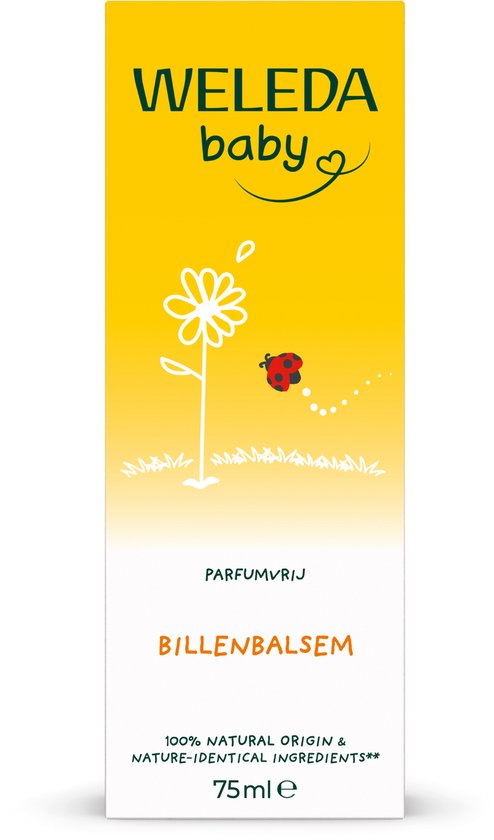 Gele en witte verpakking van WELEDA Baby billenbalsem, met tekening van bloem en lieveheersbeestje. Tekst "Parfumvrij", "BILLENBALSEM", "75 ml e".