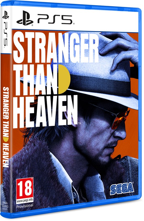 PlayStation 5 speldoos met 'STRANGER THAN HEAVEN' logo, een man met hoed en zonnebril.