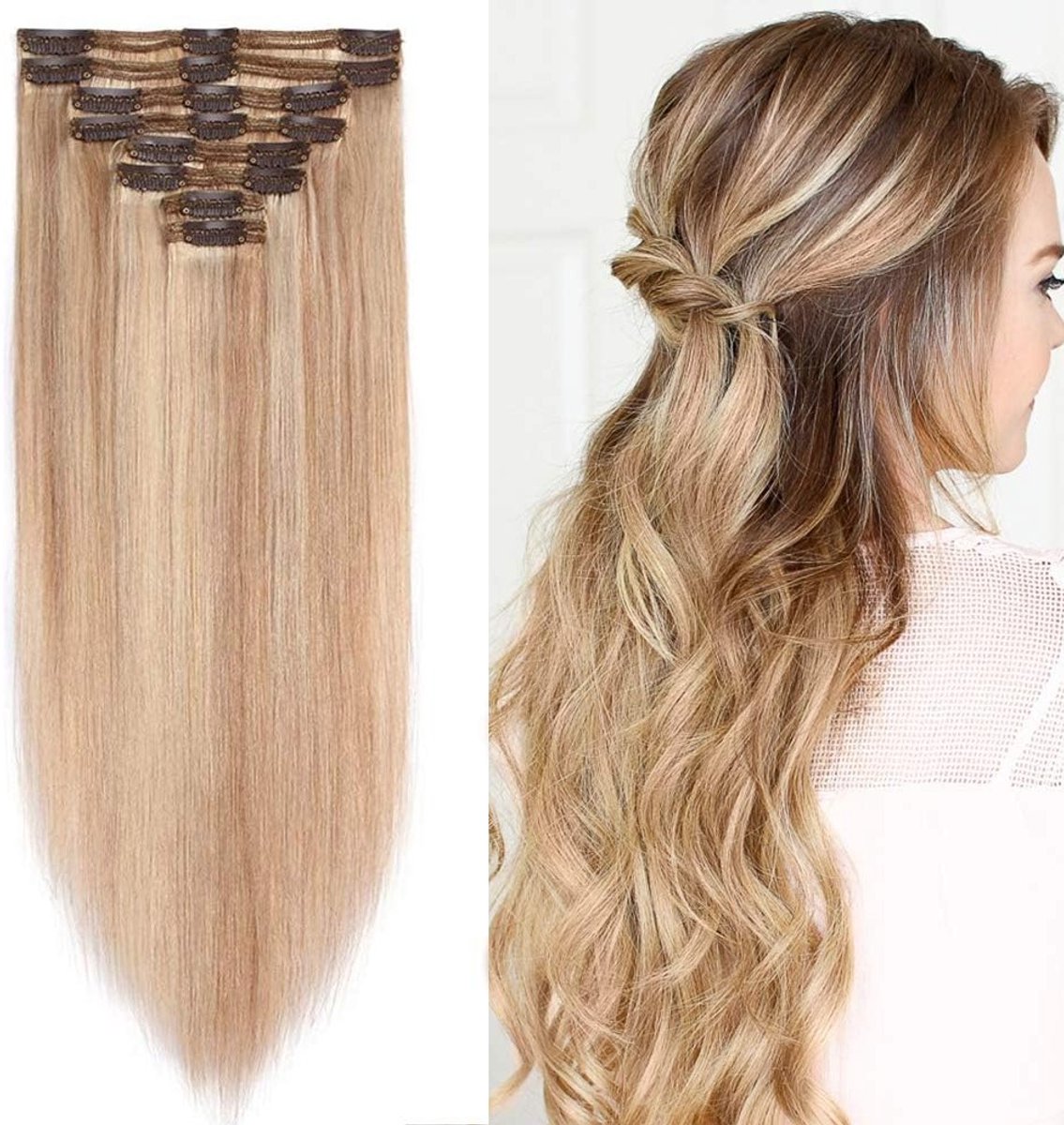 Clip in Extensions Echthaar Doppelt 8 Delen Hittebestendig Glad Honingblond 20" (50cm) - 150g voor Volumineus Haar en Natuurlijke Look