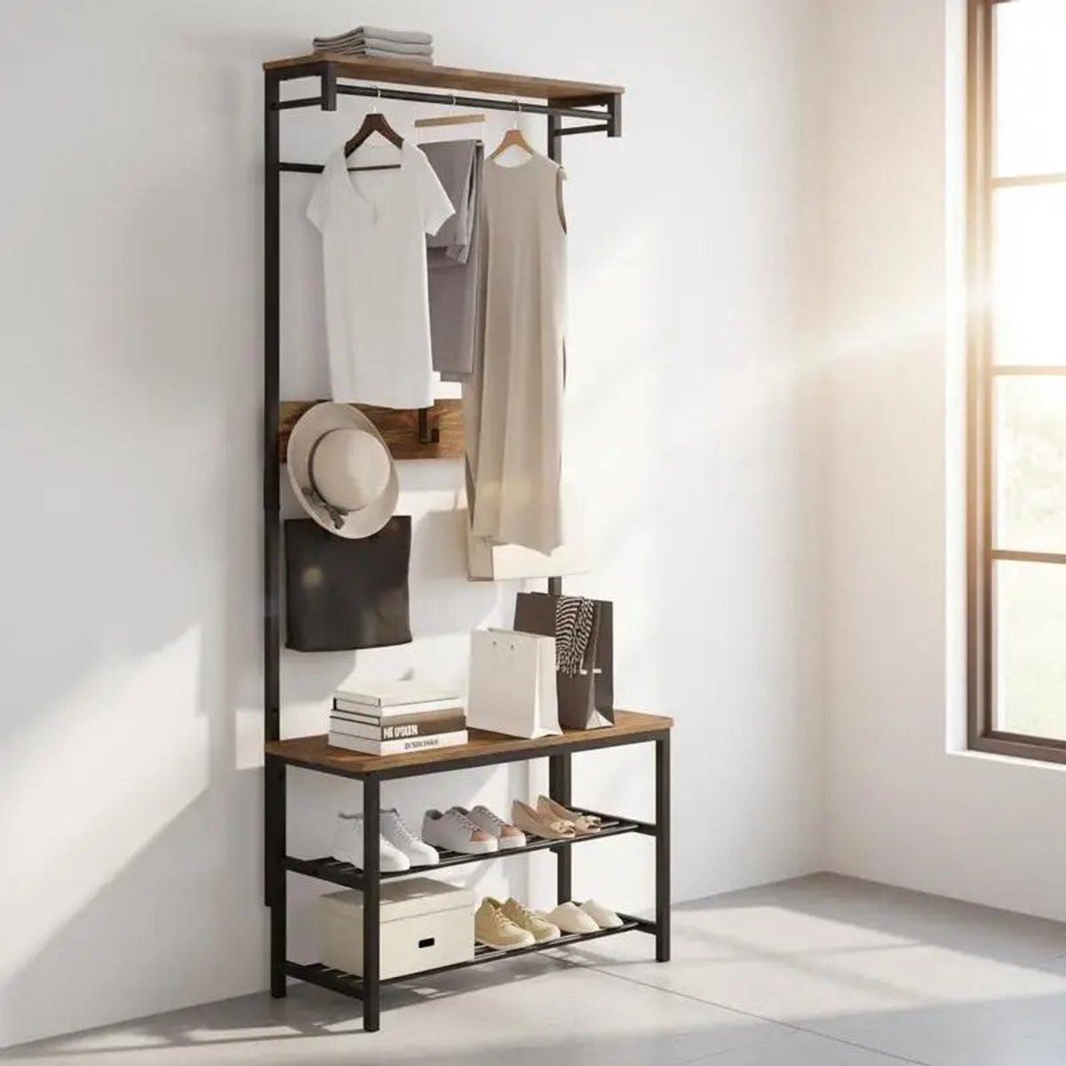 Dailygoods 5-in-1 Garderobe met bank en schoenenrek organizer voor entree, industriële garderobe met bank - AliExpress 1