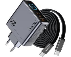 Phreeze 65W Oplader + USB C Kabel 240W 1M Set - USB C Snellader - USB C Adapter - Oplader met Kabel set voor smartphone, tablet & laptop - Universeel