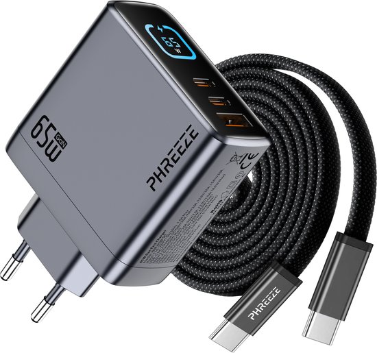 Phreeze 65W Oplader + USB C Kabel 240W 1M Set - USB C Snellader - USB C Adapter - Oplader met Kabel set voor smartphone, tablet & laptop - Universeel