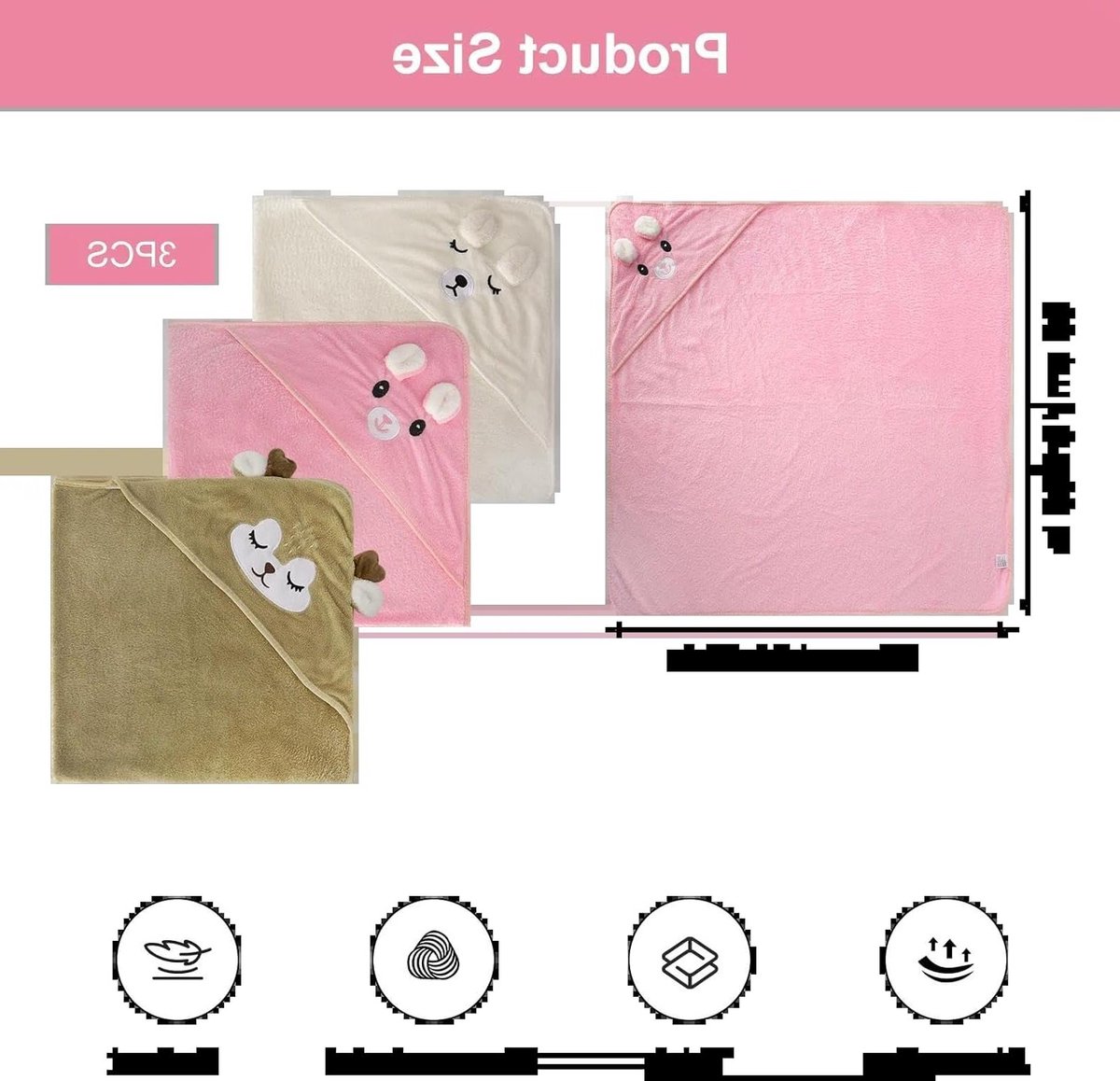 Set van 3 schattige capuchonhanddoeken voor baby's, 80 x 80 cm, zachte babybadhanddoeken, ideale handdoeken voor na het badderen en in de kinderwagen