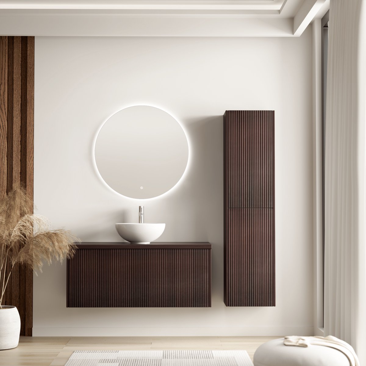 LOMAZOO Badmeubelset Ribbel Walnoot 100 cm - Waskom Wit - Badkamermeubel Set Bruin Geribbeld - Wastafelmeubel - Waskom Opbouw - Badkamerkast hoog [TROPANI]