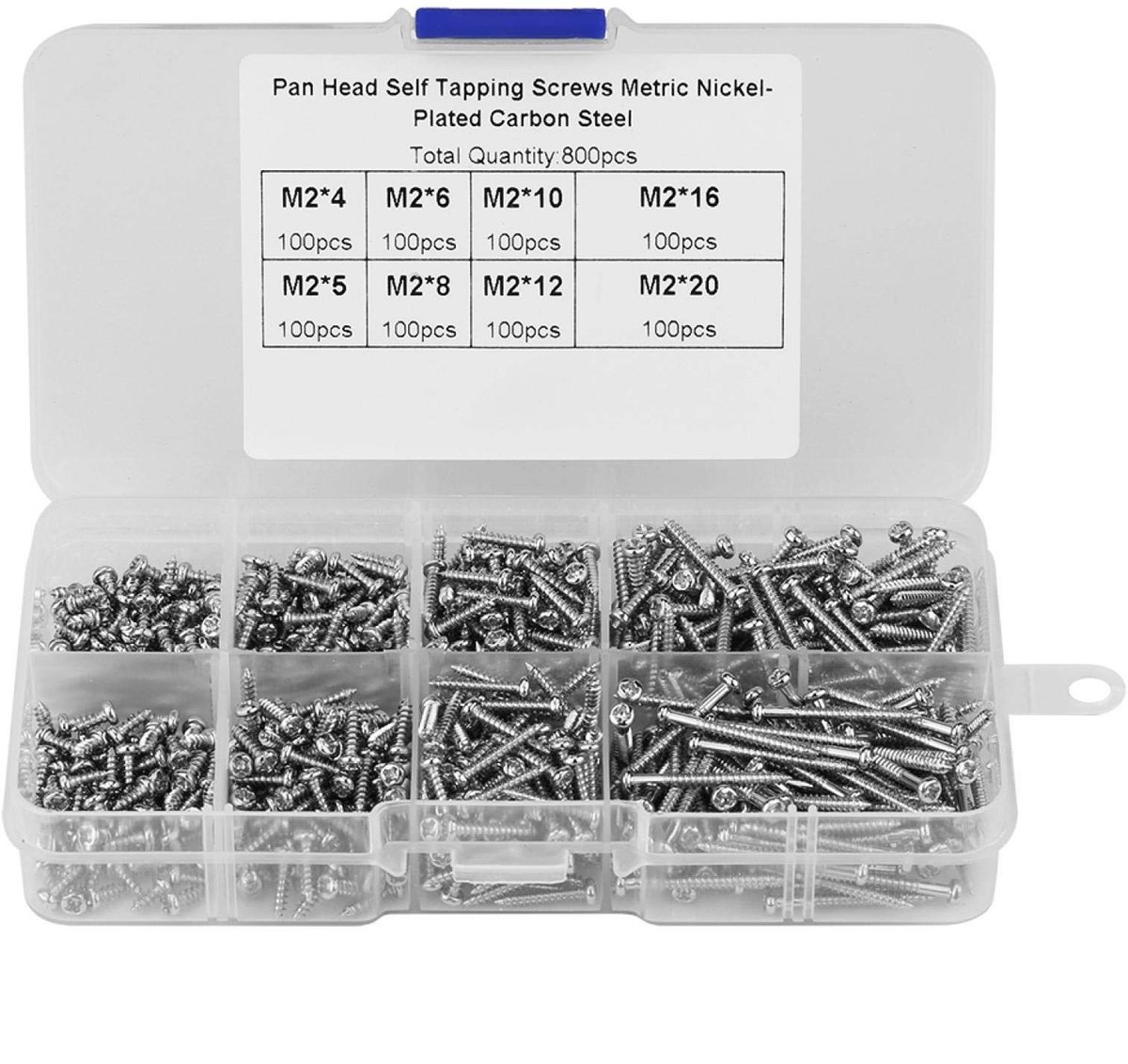 Dailygoods- Zelftappende Schroeven 800 Stuks - M2 4/5/6/8/10/12/16/20 mm - Vernikkeld Koolstofstaal - Doos 13 x 6,5 x 2,5 cm - Platkop voor Houtbewerking