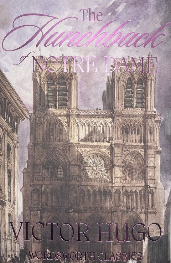 Boek "The Hunchback of Notre Dame" van Victor Hugo, met een illustratie van de Notre Dame kathedraal.