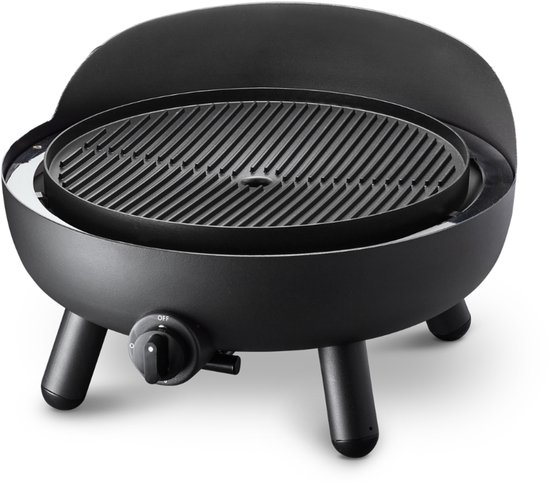 Zwarte gasgrill met een gegroefde grillplaat en een zwarte kap.