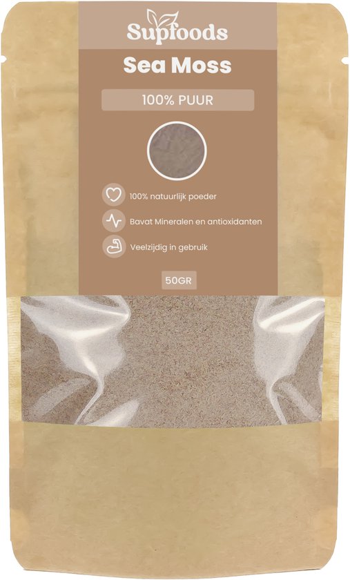 Verpakking Sea Moss Poeder, 100% Puur, 50 gram, van Supfoods. Bruin poeder zichtbaar door raam.
