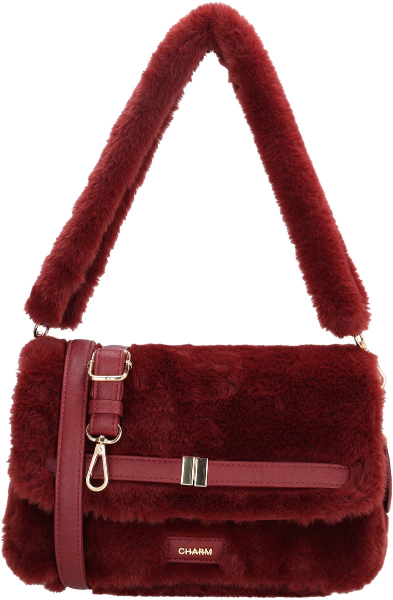 Charm London Stockholm Schoudertas - Fur - Bont Tas - Overslagtas - Verstelbare Schouderband - Bag Charm - Dames - Crossbody - Bordeaux rood