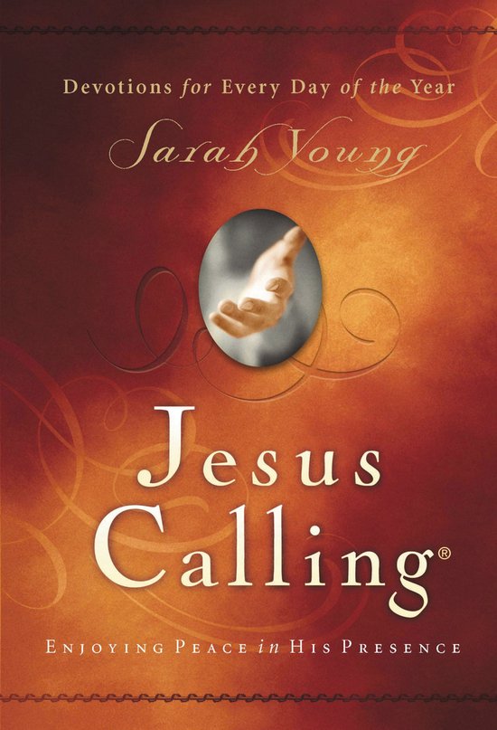 Couverture du livre 'Jesus Calling' avec le titre et le nom Sarah Young. Une main dans un ovale montre la paix.