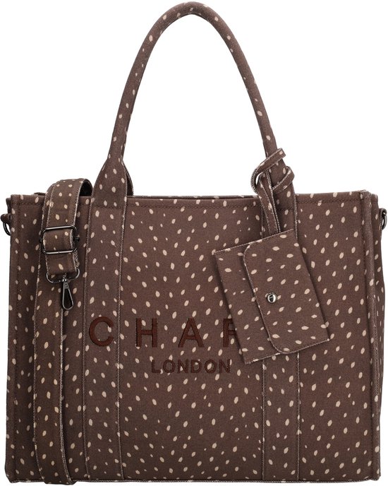 Bruine tas met beige stippen, logo 'CHARM LONDON' en een bijpassend etuitje aan de voorkant.