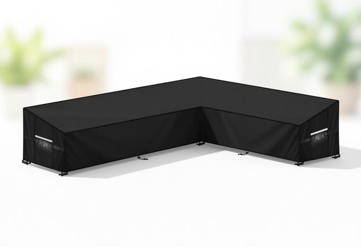ElleMooi Tuinmeubelhoes L-Vorm Afdekhoes Waterdicht Rotan Hoekbankhoes Buiten met Ventilatieopeningen, 260x180x90x80/60cm, Zwart