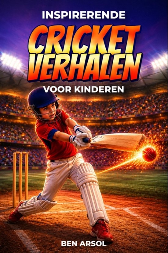 Een jongen in cricketuitrusting slaat met een bat tegen een bal, met het publiek op de achtergrond. "Inspirerende Cricket Verhalen Voor Kinderen" door Ben Arsol.