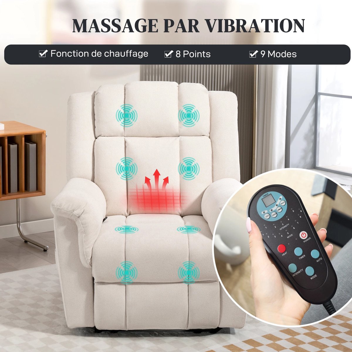 Elektrische Relaxfauteuil met Massage en Verwarming - Verstelbare Rugleuning en Voetsteun - TV Stoel - Comfortstoel - Beige - Max. 150 kg – foto 4