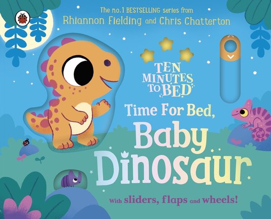 Boekomslag van 'Time For Bed, Baby Dinosaur' met een oranje dinosaurus en een roze gekko in een sterrenhemel.