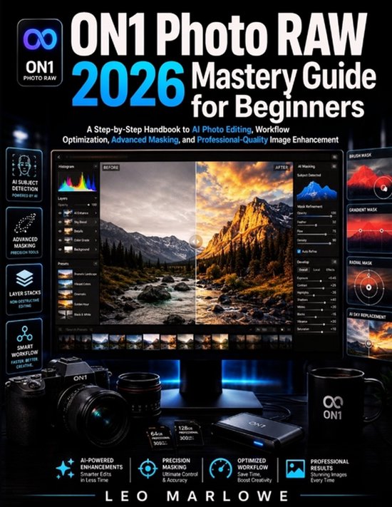 Boek 'ON1 Photo RAW 2026 Mastery Guide for Beginners' met een voor-en-na beeldbewerking, cameras, lenzen en een mok.