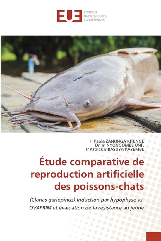 Boek 'Étude comparative de reproduction artificielle des poissons-chats' met een grote meerval op de voorkant.